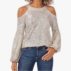 CeCe silver sequin blouse / cold-shoulder blouse / top, size 3X